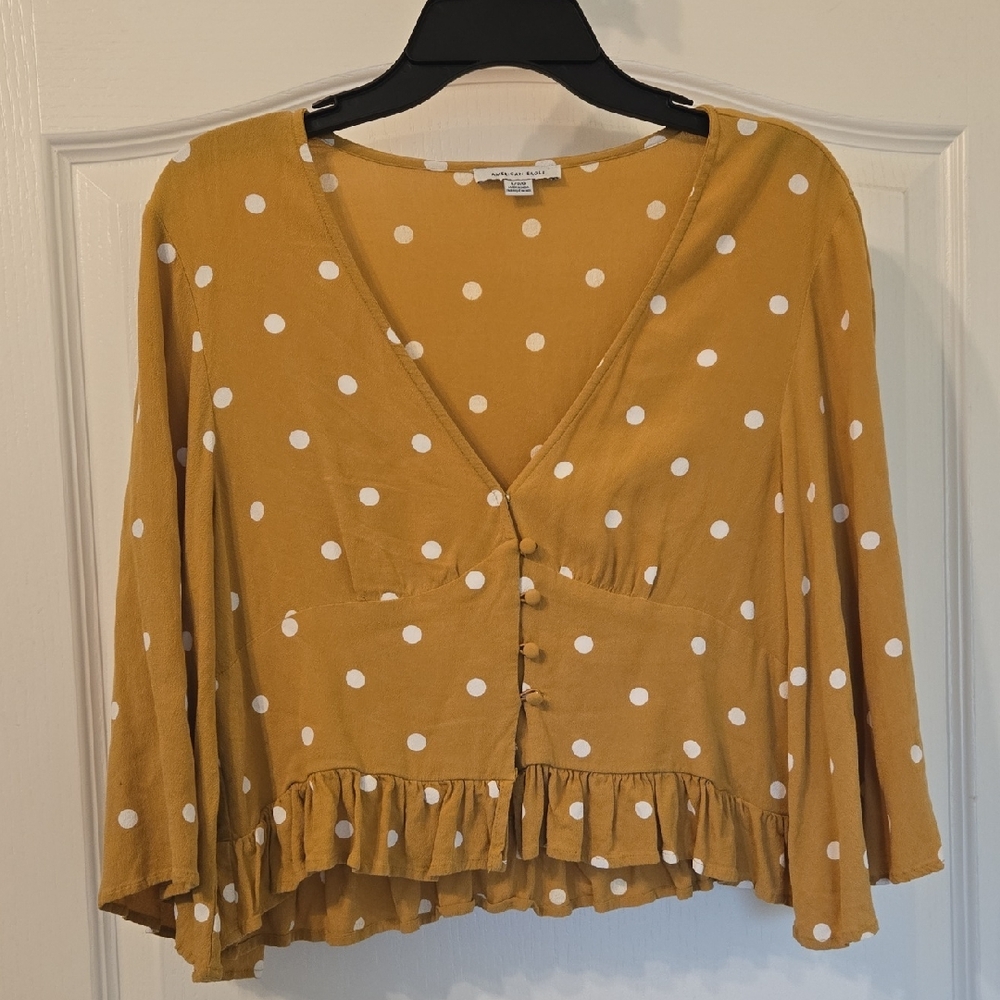 American Eagle Outfitters Gold Ruffled 3/4 Bell Sleeve Cropped Blouse